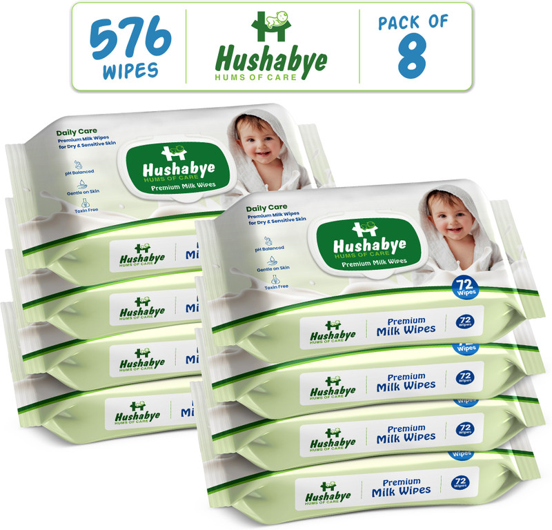 Hushabye Premium Soft Baby Wipes with Vitamin E & Milk Formula, Pack of 8(576 Wipes)