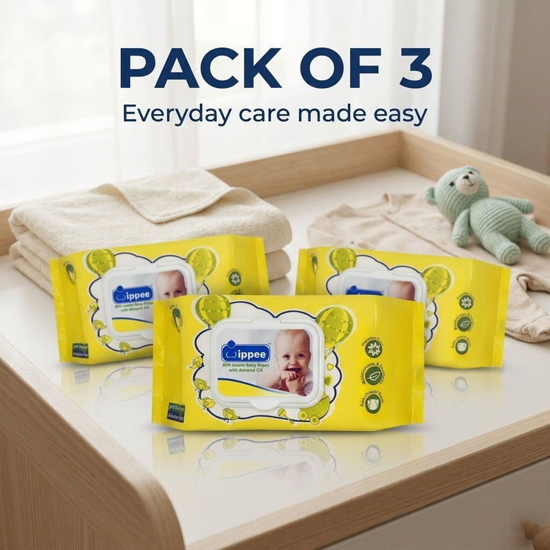 Wippee Baby Wet Wipes with Almond Oil (Pack of 3) | Soft & Gentle | Alcohol-Free(240 Wipes)