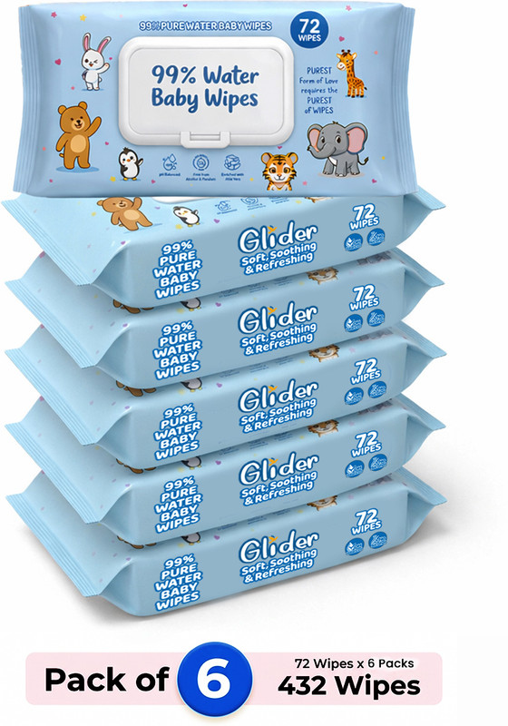 GLIDER 99% Pure Water Baby Wipes with Lid | Skin Nourishing & Cleansing | Pack of 6(432 Wipes)