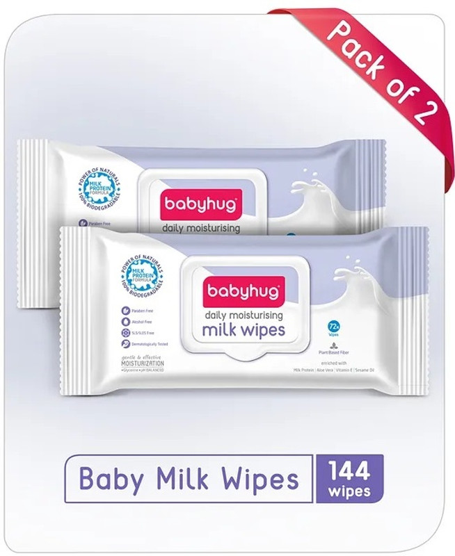 babyhug Milk Daily Moisturising Baby Wet Wipes 98% Water Pack of 2 - 72 Pieces(144 Wipes)