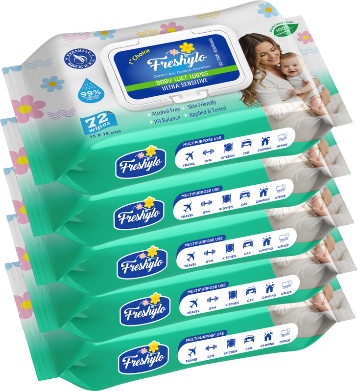 Freshylo Baby Wipes with Lid & 99% Purified Water | pH-Balanced Wet Tissues, Pack of 5(360 Wipes)