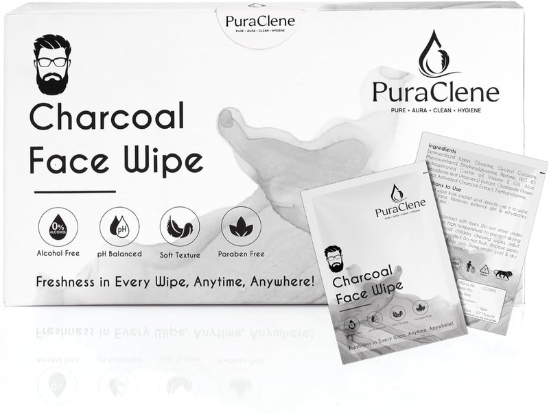 puraclene Charcoal Face Wipes for Men | Deep Cleanse & Oil Control with Charcoal & Menthol(50 Wipes)