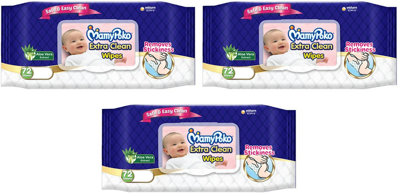 MamyPoko EXTRA CLEAN BABY WIPES, 72 PCS PACK, COMBO OF 3 PACKS, TOTAL 216 WIPES(3 Wipes)