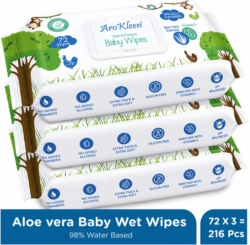 ARO KLEEN Baby Wipes with Aloe Vera and Vitamin E- Extra Thick & Soft 72 Wipes (Pack of 3)(216 Wipes)