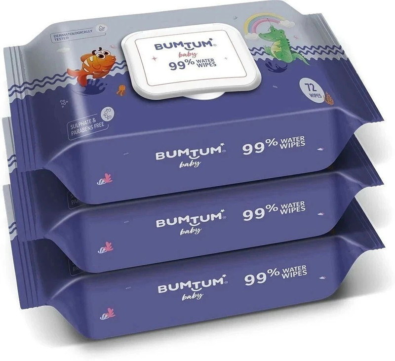 BUMTUM Baby 99% Water Wet Wipes Pack of 3(216 Wipes)