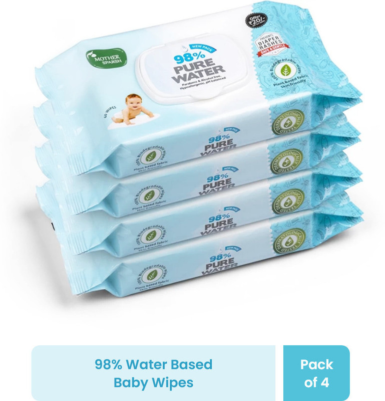 Mother Sparsh 98% Water Based Scented Wipes Plant Derived Fabric 60 Pcs/Pack (Pack of 4)(240 Wipes)