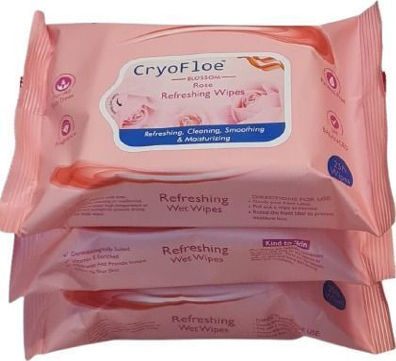 CryoFloe Rose Refreshing Wipes/on-the-go cleansing, Smoothing & Moisturizing/Travel Pack(75 Wipes)