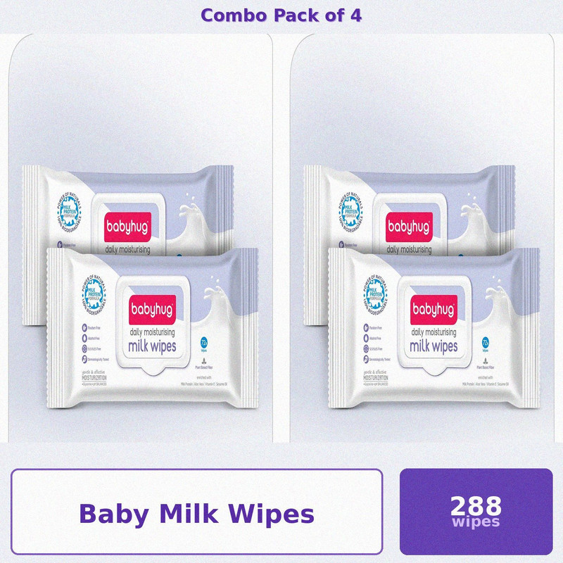 babyhug Baby Premium Wet Wipes 72 Count | Aloe Vera & Milk Protein | Pack of 4(288 Wipes)