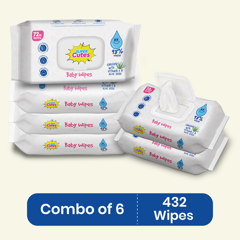 Super Cute’s Premium Soft Cleansing 98% Water Baby Wipes with Aloe Vera, and Paraben Free(432 Wipes)