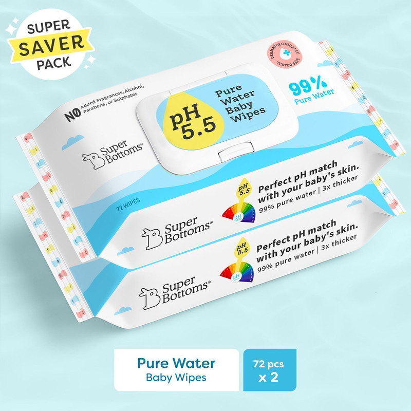 Superbottoms 99% Pure Water Baby Wipes | 5.5pH Formula - Pack of 2 x 72pcs (Super Saver Pack)(144 Wipes)