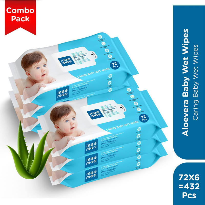 MeeMee Soft Cleansing Baby Wet with Lid | Aloe vera - Pack of 6(432 Wipes)