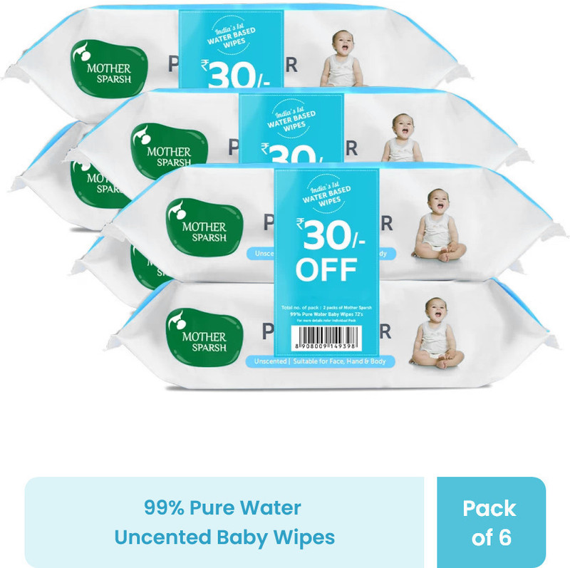 Mother Sparsh 99% Pure Water Based Baby Wipes (Unscented) - Natural Plant made cloth - Super Thick Fabric ,72 Wipes Each , Pack of 6 (Super Saver Pack)(432 Wipes)