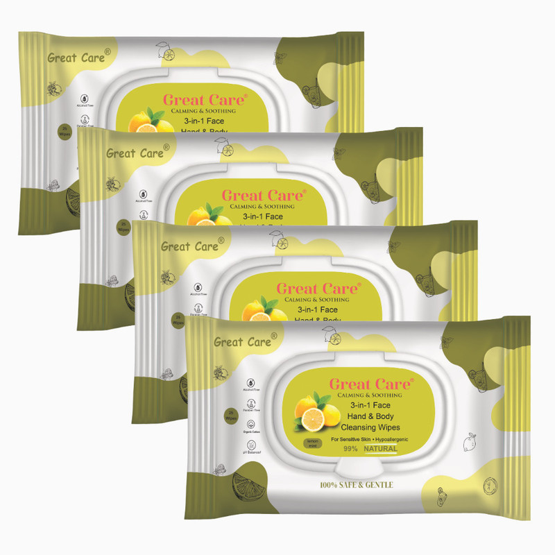 Great Care Refreshing Wet Wipes With Lemon Mint Fragrance, Facial Wet Wipes For Travel Use(4 Wipes)