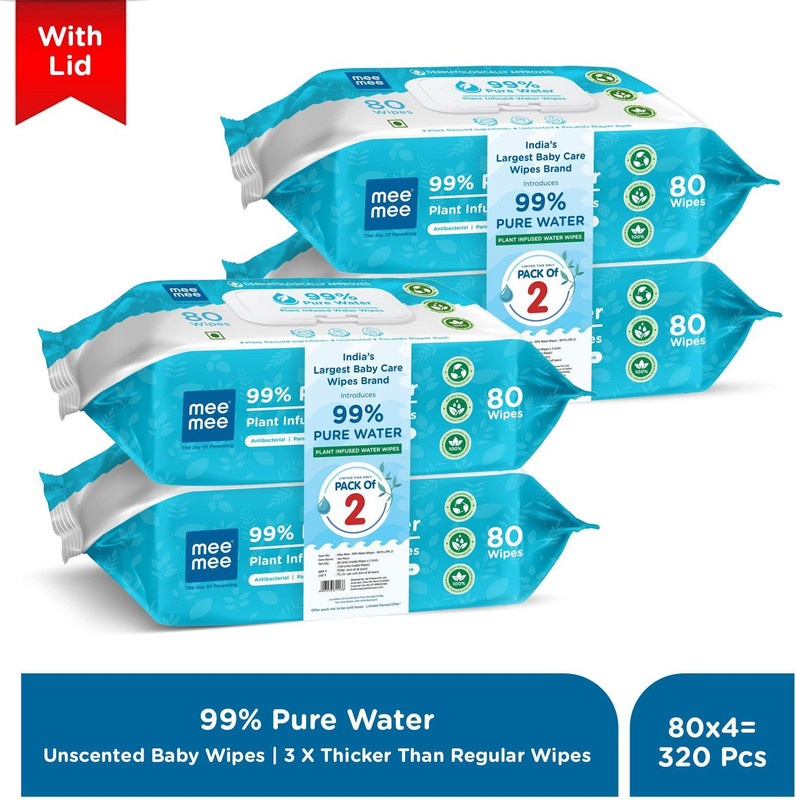 MeeMee 99% Pure Water Wet Wipes with Lid, Unscented, Thick Wipes, Pack Of 4 (320 Wipes)(320 Wipes)
