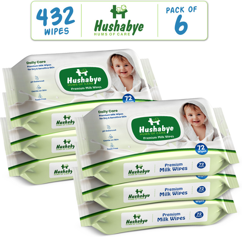 Hushabye Hydrating Baby Wipes with Milk Essence & Vitamin E, Lid Pack, Pack of 6(432 Wipes)