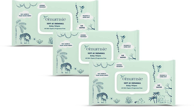 o'mumsie 99% Pure Water (Unscented) Baby Wipes Plant Based Cotton (60 pcs) (Pack of 3)(180 Wipes)