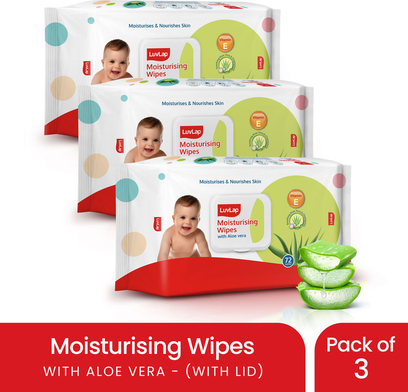 LuvLap Paraben Free wipes for baby with Aloe Vera, 72 wipes/pack with Lid(216 Wipes)
