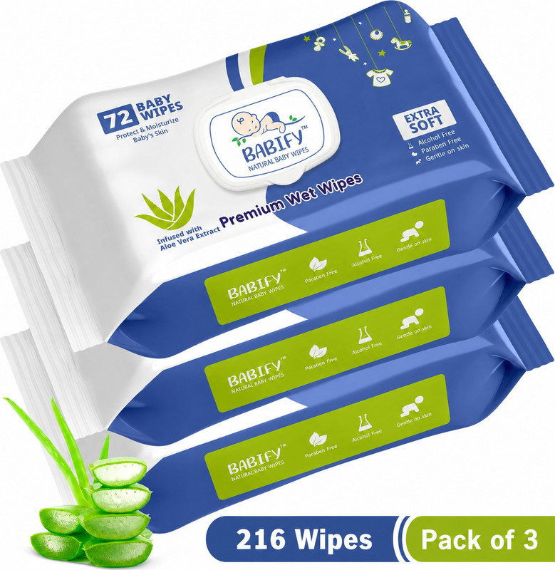 BabiFy Extra Soft Premium Baby Wipes With Aloe Vera | Rush & Paraben-Free (Pack of 3)(216 Wipes)