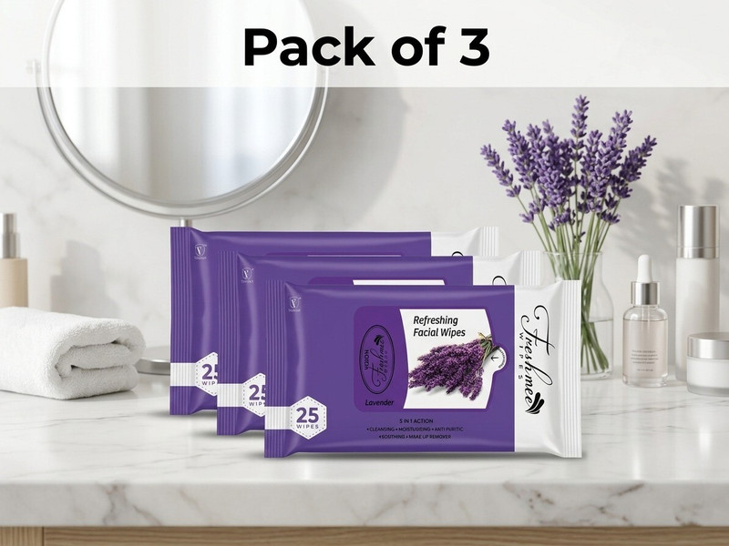Freshmee Lavender Facial Wipes 3xPack | Deep Cleansing & Makeup Remover | Gentle on Skin(75 Wipes)