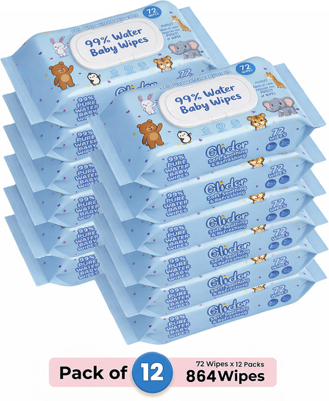 GLIDER 99% Pure Water Baby Wipes with Lid | Skin Nourishing & Cleansing | Pack of 12(864 Wipes)