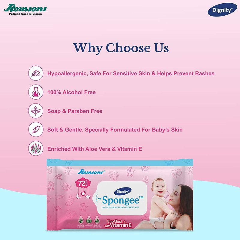 Romsons DIGNITY Spongee Baby Wet Wipes, 150 x 200 mm, 72 Wipes/Pack (White) Pack of 12(864 Wipes)