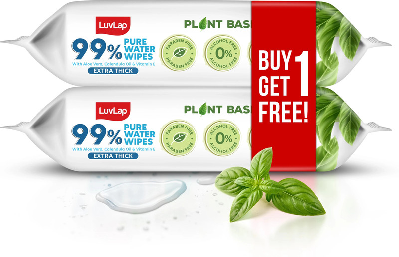 LuvLap Plant Based 99% Pure Water Extra Thick Baby Wipes, Pack of 2 (Buy 1 Get 1 Free)(2 Wipes)