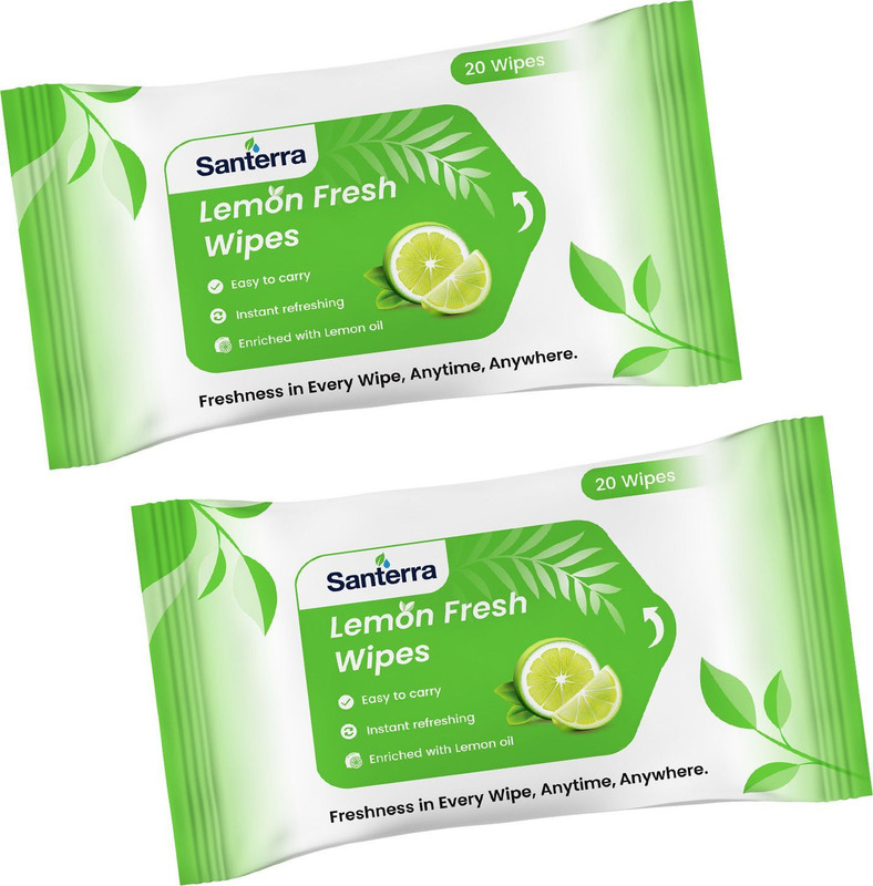Santerra Instant Refreshing Enriched with Lemon Essence & Mint I Pack of 2(40 Wipes)