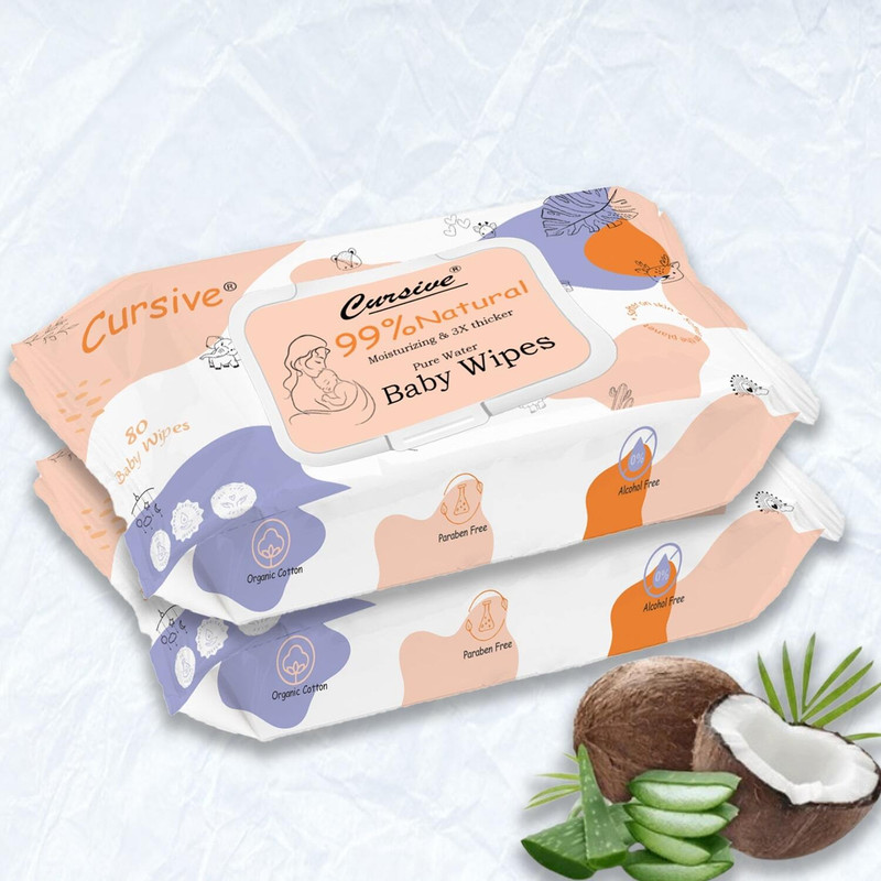 Cursive Baby Wipes 99% Pure Water -Aloe Vera & Vitamin E & Paraben Free Soft -Pack of 2(160 Wipes)