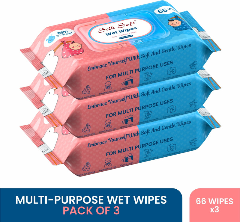 Silk Soft Multipurpose wipes 66 pulls with lid PACK OF 3(198 Wipes)