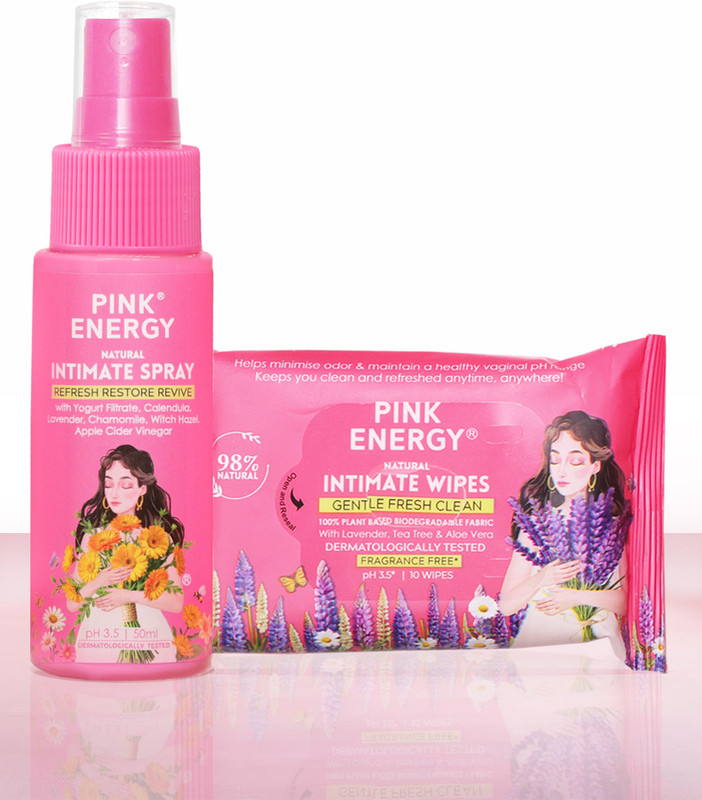 Pink Energy Sprtiz & Go Duo Natural Intimate Spray 50ml Natural Intimate Wipes Intimate Wipes(70 g, Pack of 2)