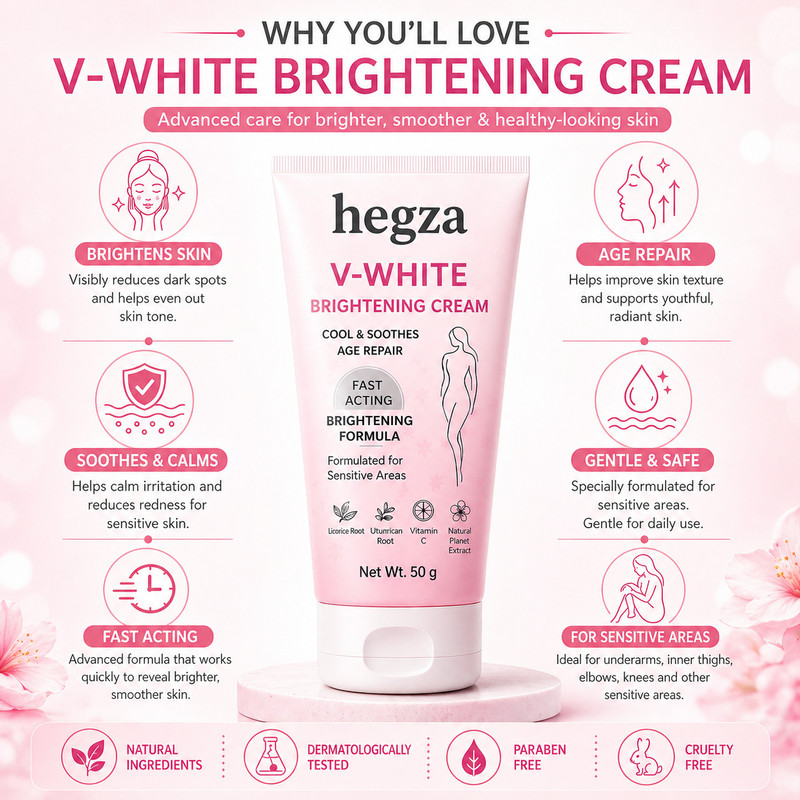 Hegza V-White Cream for Body Brightening Brightening Cream with Herbal Formula Intimate Cream(50 g, Pack of 1)