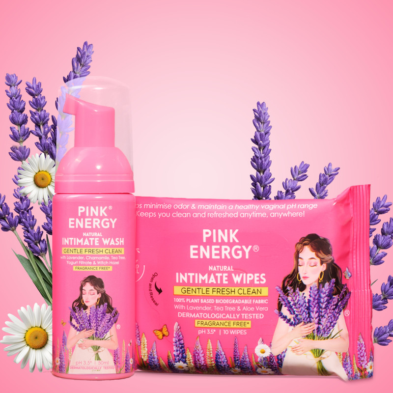 Pink Energy Lavender Freshness Duo Natural Intimate Wipes Lavender Wash 50ml Intimate Wash(100 g, Pack of 2)