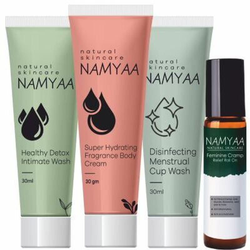 Namyaa Intimate Travel Hygiene Kit|ComboPack|IntimateWash,CupWash,Cream &Cramp RollOn Intimate Wash(100 ml, Pack of 4)