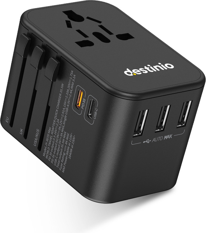 Destinio Universal Travel international Adapter with 1 PD, 1 Type C, 3 USB Charger Ports Worldwide Adaptor(Black)