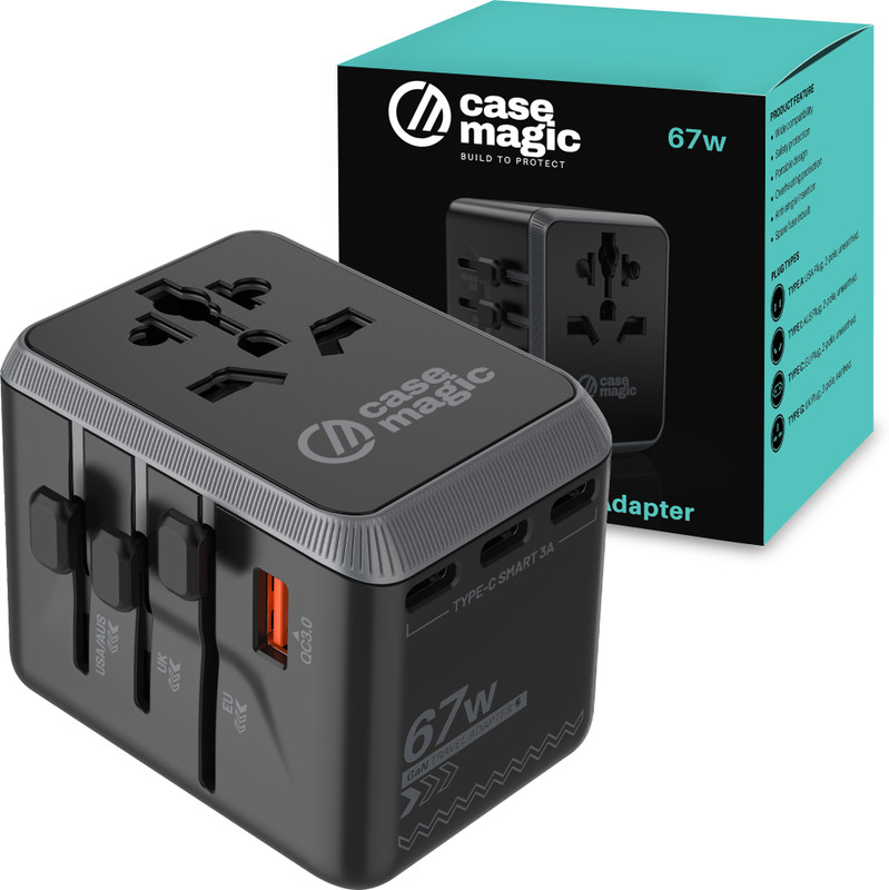 Case-Magic 67W GaN Universal Travel Adapter, USB-C, USB-A, 4 Ports, for 200+ Countries Worldwide Adaptor(Black)