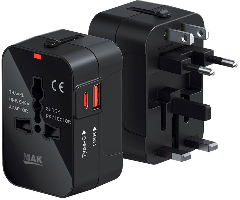 MAK 3 in 1 Universal Travel Adapter, 20W PD USB-C & USB-A Port, Fast Charging Worldwide Adaptor(Black)