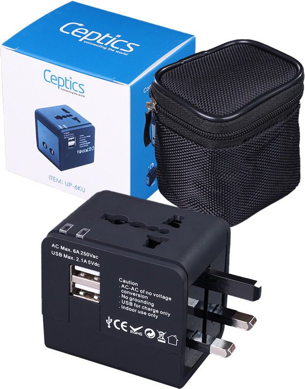 Ceptics India to UK, Europe, Australia Universal Travel Plug, 2 USB Ports, 3 in 1 Worldwide Adaptor(Black)