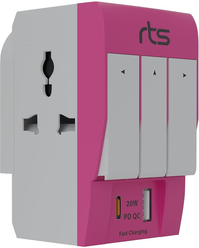 RTS SWITCH PORTABLE SIZE 3 PIN ADEPTER CHARGER Worldwide Adaptor(White, Pink)