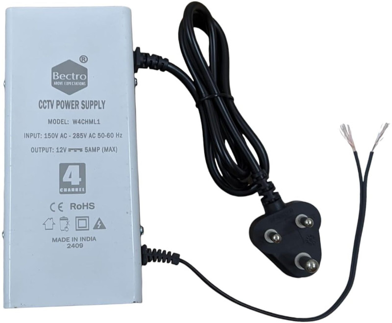 bectro CCTV Power Supply SMPS 4 Channel 12V 5 Amp Max. Metal Body Single Wire Output Worldwide Adaptor(White)