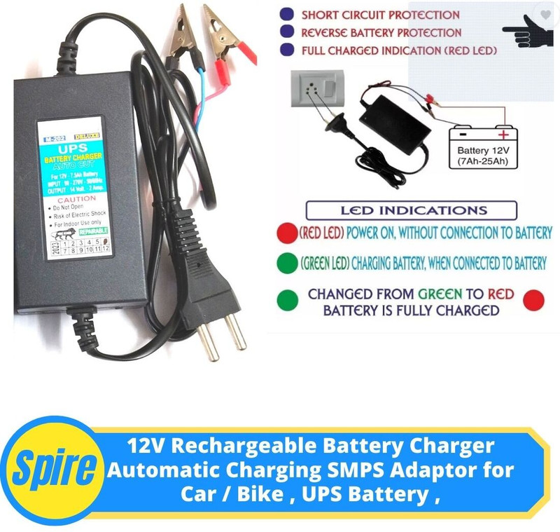 Spire 7 Amp Clip Battery Charger. power adapter for 12 volt battery Worldwide Adaptor(Black)