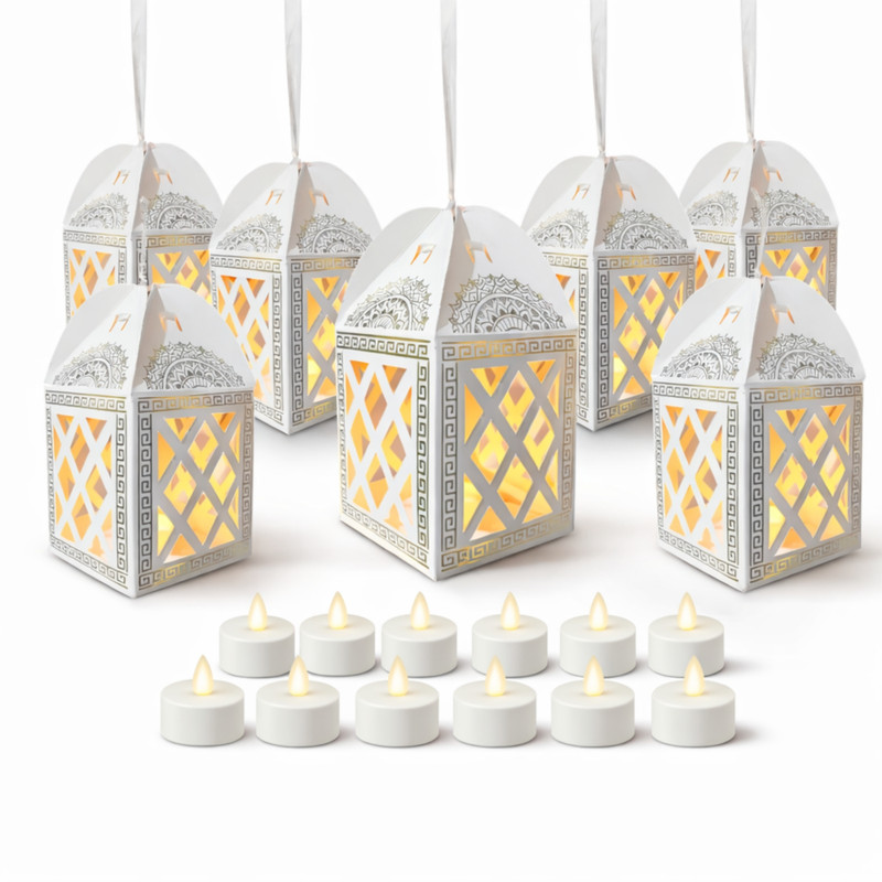 Digi Art's Paper Hanging Lantern with Diya Lights, Decorative Paper Lanterns with T-Light White Paper Hanging Lantern(17.4 cm X 8.8 cm, Pack of 10)