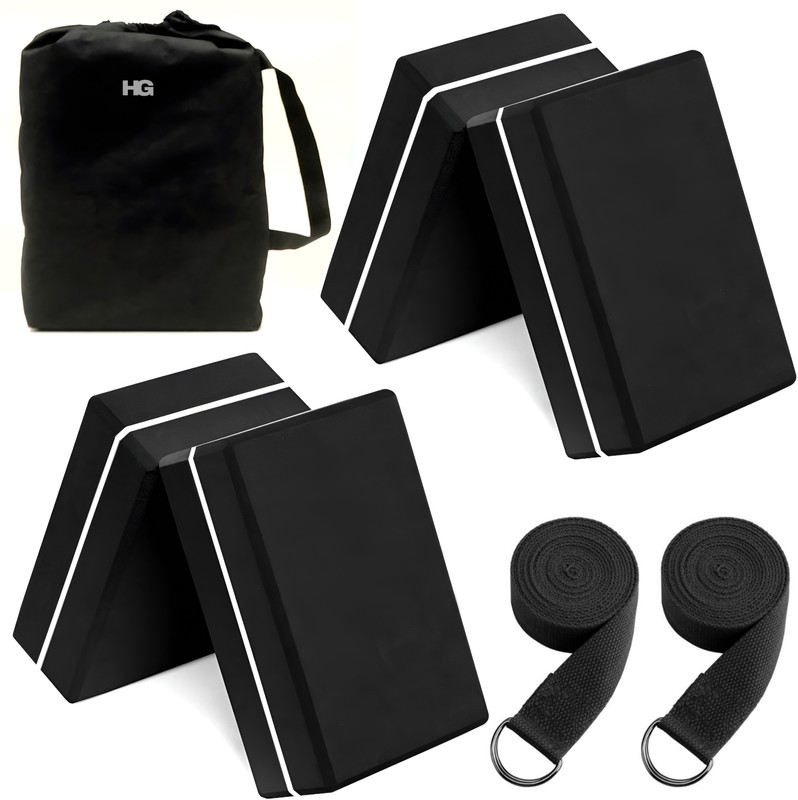 HOMEGALLEY Yoga Blocks Set of 4 with 2 Belt for Exercise EVA Foam Blocks for Pilates Bricks Yoga Blocks(Black Pack of 4)