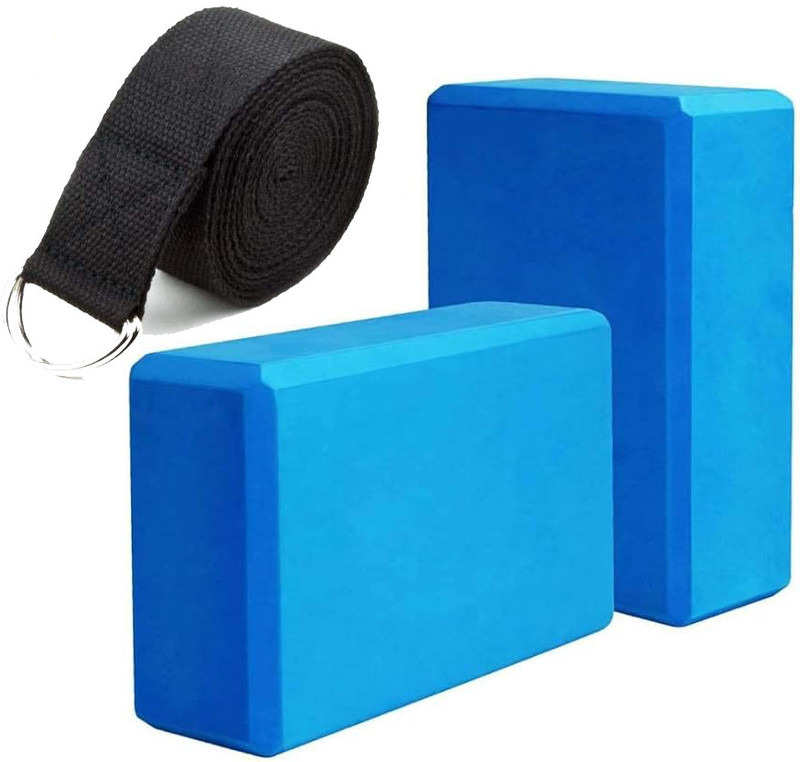 DreamPalace India Soft Yoga Foam Brick Fitness Brick and Yoga Stretchable Belt Yoga Blocks(Blue Pack of 2)