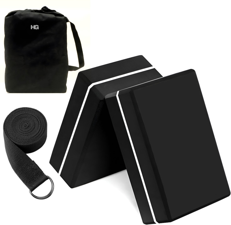 HOMEGALLEY Yoga Blocks Set of 2 with Belt for Exercise EVA Foam Blocks for Pilates Bricks Yoga Blocks(Black Pack of 2)
