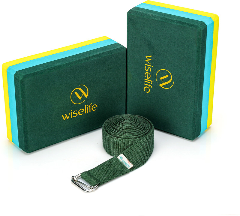 Wiselife Green Yellow Pro Yoga Block | Yoga Brick+Yoga Belt (Combo, Extra Large Size),TPE Yoga Blocks(Green Pack of 3)