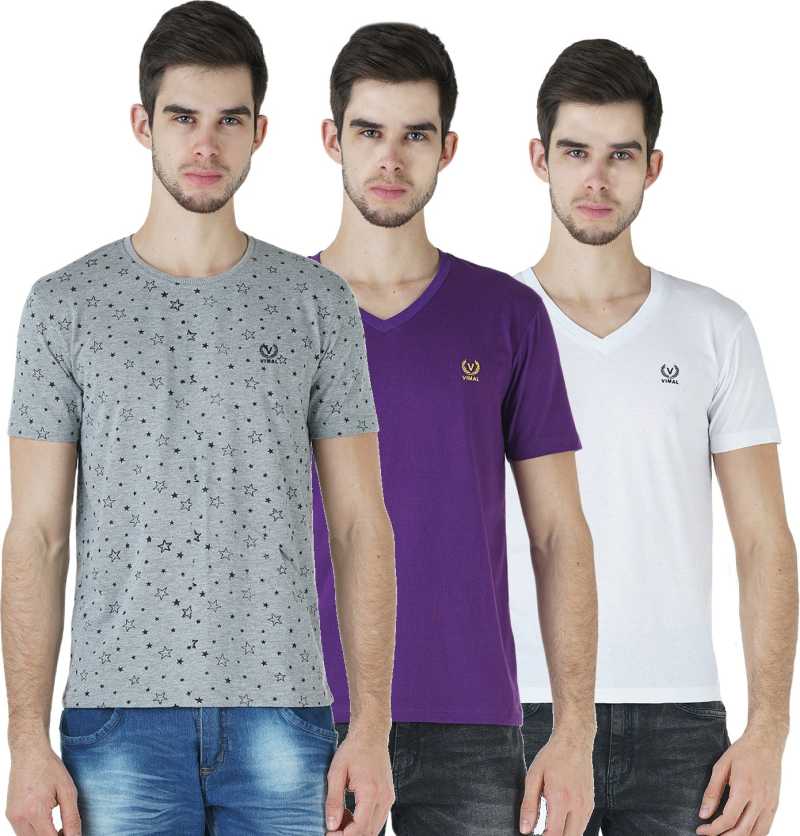 Solid, Printed Men Round Neck Multicolor T-Shirt (Pack of 3)