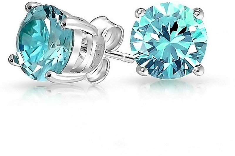 March Birthstone Aquamarine CZ Round Shaped Sterling Silver Earrings