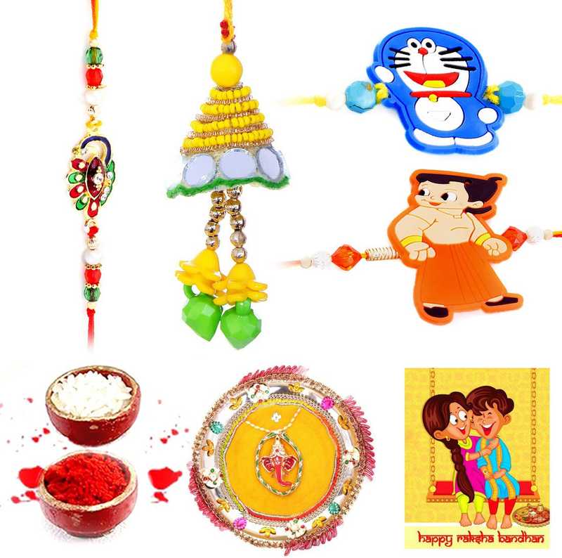GD Mini Pooja Thali with Ganeshji Decorative Plate with Designer Rakhi Rakshabandhan Festival Color and Design May be Vary as per Availability