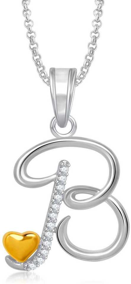 Divastri B Letter Alphabet Necklace Pendants Chain Heart Pendant For Girls Boys Women Mens Valentine Gift Silver Gold Plated Cubic Zirconia Diamond Alloy Stone In India - B Letter Pendant