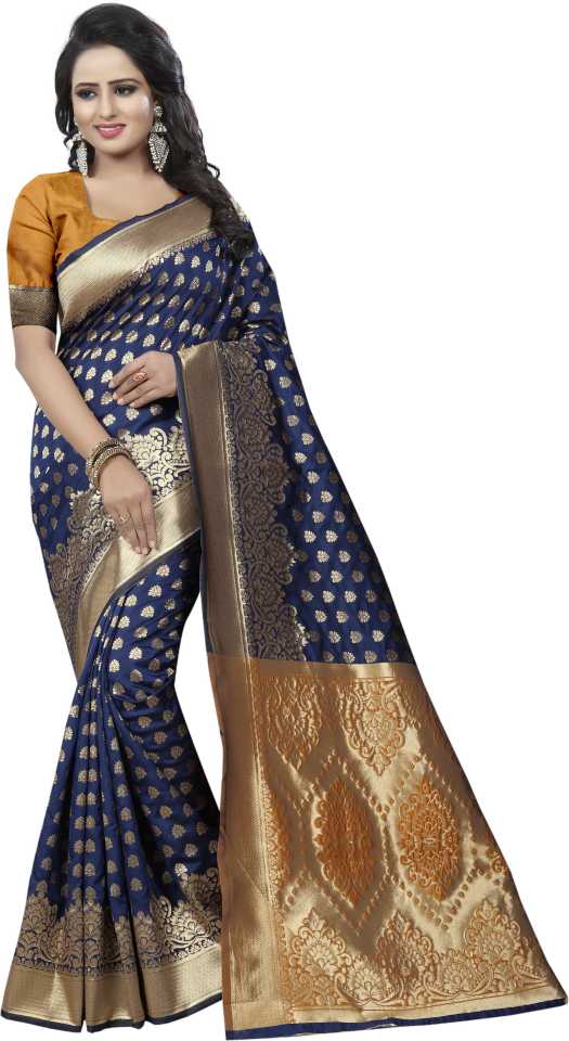 Self Design Kanjivaram Cotton Silk Saree  (Dark Blue)
